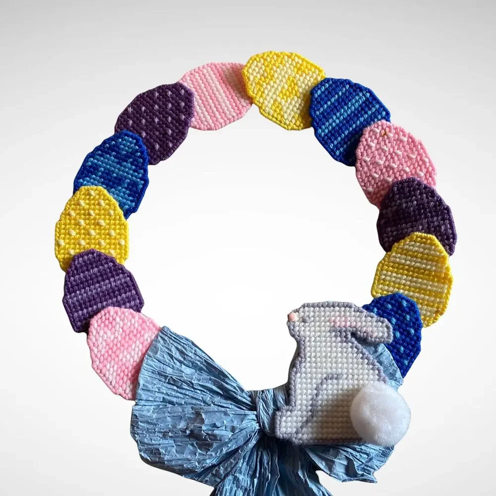 Pattern Yarn Art Eggs with Bunny Rabbit 2-different Embroidery Hoop Wreaths